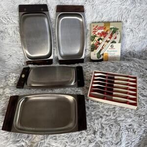Vintage Stainless Steel & Wood MCM Single Server Snack/Appetizer w/ Spreaders